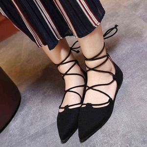 Dress Shoes 2022 Women Flats Ankle Strap Ballet Roman Style Pointed Toe Sexy Ladies Sandals Cross Tied Gladiator 220512