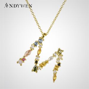 ANDYWEN 925 Sterling Silver Gold Letter M Pendant Initial F Alphabet Necklace Monogram Opals Women Accessories Jewelry 220816
