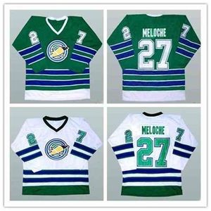 Chen37 C26 Nik1 # 27 Gilles Meloche California Golden Seals Maglia da hockey verde bianca Ricamo cucito Personalizza qualsiasi numero e nome Maglie