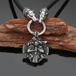 Pendant Necklaces Men's Vintage Stainless Steel Norse Viking Odin Rosova Cross Warrior Necklace Black Cord Rope Chain GiftsPendant