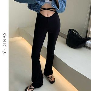 Yedinas Vintage Womens Jeans Denim Casual Midle Waist Slim Wide Leg Pant Lace Up Black Pants Summer 210527