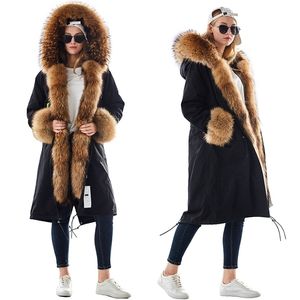 Mao Mao Kong Winter Woman Natural Fur Overcoat Plus Size Women Parkas Black Raccoon Fur Lining X Long Warm Jacket Coats 201126