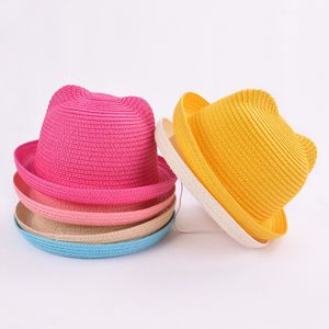 Fashion Lovely Girls Boys Straw Hats Hats Summer Kids Sun Hat Cute Ear Solid Foppy Beach Cap dla dzieci 220513