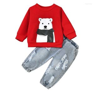 Roupas conjuntos de roupas de outono Baby menino menina de manga comprida Padrão de pullocatomia de moletom de moletom de jeans Rapped jeans Pant 2pcs Clothing Setpalthing