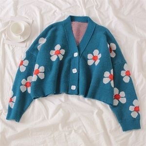 Spring College Style Flower Print Knitted Doat Loose Retro V-neck Cute Light Green Sweater Cardigan Blouse Short Section 201203