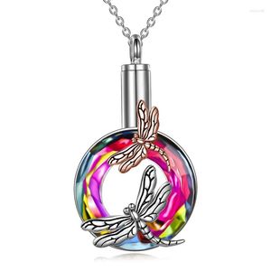 Chains Dragonfly Pendant With Hollow Round Colorful Crystal Ash Jewelry Urn Memorial Necklace For Cremation Ashes Keepsake LocketChains