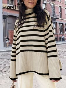 Black And White Stripe Sweater Streetwear Loose Tops Women Pullover Female Jumper Long Sleeve Turtleneck Knitted Ribbed Sweaters 220810