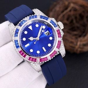Relógios mecânicos automáticos masculinos 40mm aço inoxidável completo arco-íris moldura de diamante pulseira de borracha relógios de pulso Montre de luxo relógio de natação para homens