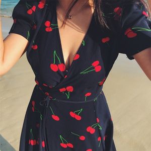 Plus Size Women Dress Cherry Print Short Sleeve Vintage French V-neck Midi Chiffon Summer Vestidos S-4XL 220331