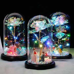 Decorative Flowers & Wreaths Wholesale Artificial Fake Plastic Wedding Roses LED Lamp Glass Cover Flores Sztuczne Kwiaty Valentines Day Gift