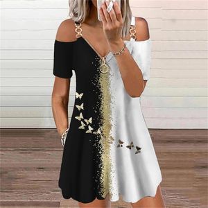 Butterflies 3D Print Elegant Fashion Dres's Clothing Summer Zipper VNeck Off Shoulder Casual Mini Dresses Oversized 220601