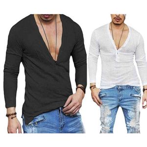 Fashion Men Casual Slim Fit Long Sleeve Deep V neck Sexy Shirt T shirts Black White tshirt Tops Drop Shipping