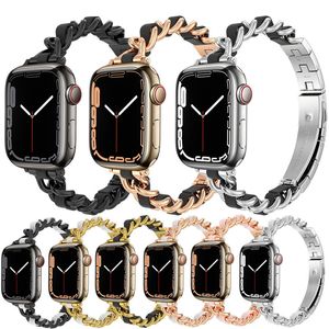 Ladies kedjemband för Apple Watch 45mm 41mm 44mm 42mm 40mm 38mm Band Luxury Metal Leather Armband Watchband Iwatch Series 7 6 5 4 SE Wristbands Smart Tillbehör