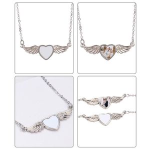 Pendant Necklaces Sublimation Blank Picture Necklace Heart Shape Bezel Trays With Wing For Jewelry Craft Making TrayPendant