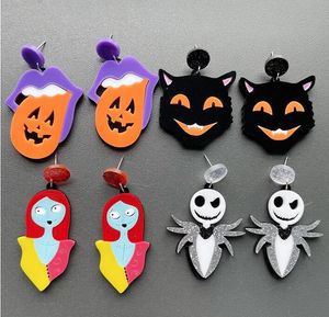 Acrylic Stud Earrings Halloween Black Cat Ghost Doll Skeleton Purple Mouth Lip Orange Pumpkin Drop Earring Dangles for Women Girls