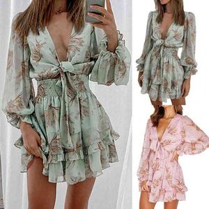 2021 Women Spring V Szyf Szyfonowa Druk Druk Self-tie Knot Front Ruffles Lopard Sukienka Kobieta seksowna krótka impreza liniowa Vestidos G220510