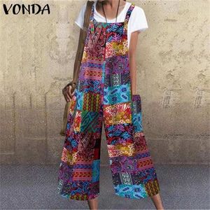 Vonda Loose Rompers Women Sexig ärmlös Casual Wide Leg Jumpsuits Vintage Printed Beach Overalls Femme Pants 220714