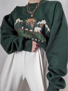 Qweek Y2K Green Women Green Women con cappuccio di grandi dimensioni E Girl Aesthetic Stampa Felpa Autunno degli anni '90 Pullover Street Pullover Top 220815 220815