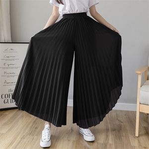 Mulheres verão outono plissado calças soltas moda feminino chiffon elástico cintura saia preto azul grande perna femme 220325