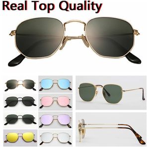 Sunglasses Top Quality Real Glass Lens Metal Hexagonal Men Womne Retro Round Sun Glasses Eyewear 3548