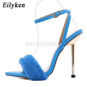 Eilyken 2021 New Pink White Women Sandals Sexy Open Toe Furry Fur Summer High-Heeled Sandals Ladies Wedding Stripper shoes SSE323