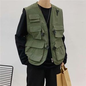 Coletes masculinos primavera masculino masculino exército green mens jaqueta sem mangas de roupas de rua de roupas de rua casacos militares vários bolsos guin22