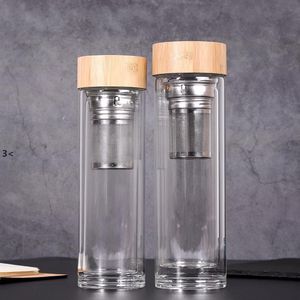 450ml tampa de bambu copos de água de vidro duplo de vidro de vidro de vidro com filtro e infuser cesta de vidro garrafas de água RRB15042