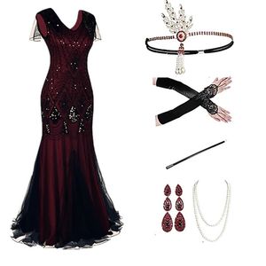 Gatsby 1920 Vestido de lantejoulas Melindrosa Roupa de festa com acessórios dos anos 20 Tiara Luvas Brincos Colar de pérolas Conjunto de piteiras tamanho grande