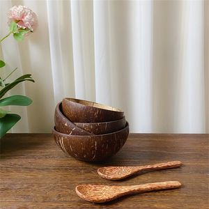 Natural coco conjunto artesanal coco shell mesa decoração decorativa decoração colher de madeira sobremesa salada salada arroz ramen tigela 220408