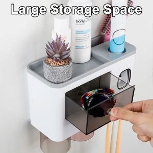Bath Toilet Supplies Toothbrush Holder Wall Mount Automatic Toothpaste Dispenser Squeeze Set Toothbrush Cover Bathroom Organizer