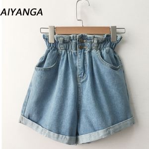 Summer High Waist Denim Shorts Women Casual Loose Ladies Fashion Roll Up Hem Elastic Pocket Blue White Jeans Female W220326