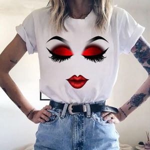 Women's T-Shirt Women Face Makeup Red Lip Prints Girls T Shirts Harajuku Casual Aesthetic Tshirt Femme Graphic Hipster Vintage Korean Tee