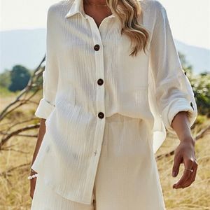 Summer Beach Casual Button White Women's Set Cotton Linen Två stycken Lång ärmskjorta och shorts Kvinnor Set Outfits 220509