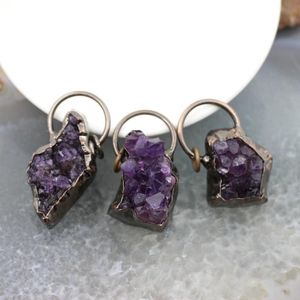 Подвесные ожерелья антикварные латунные оберщенные натуральные аметисты геодея Druzy Nugget Reiki Purple Crystal Colles