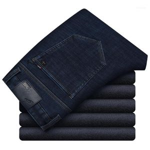 Jeans masculinos inverno lã folga negócio reto grosso calças quentes calças esticar preto calças azuis macho roupas vintage