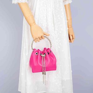 Borsa da sera Crystal Metal Ring Handle Handbags Donna 2022 Tassel Satin Bucket Crossbody Bag Ladies Color Beaded Purse Wedding Party 20220607