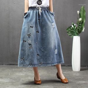 Skirts NINI WONDERLAND Women Spring Cotton Denim Skirt 2022 Summer Holes Embroidery Butterfly Vintage Elastic Waist A-line