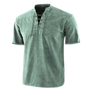 Män Casual Shirts Medeltida Retro Lace-up V-Neck Bomull Linen Gothic Kortärmad T-shirts Plus Storlek S-5XL