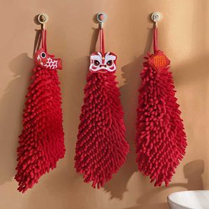 Towel Chinese Style Red Hand Embroidery Lucky Lion Kitchen Chenille Hanging Absorbent Towels Luxury For Bathroom Gift