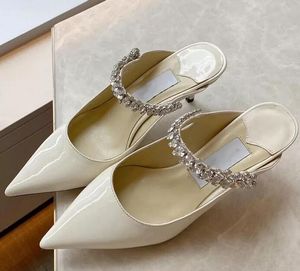 2022 diseñador fiesta tacones altos sandalias de mujer hielo 65 mm zapatos de boda tobillo cristal encaje blanco brillante rosa mulas cuero negro charol puntiagudo medio