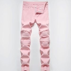 Men's Jeans High Street Ripped Patch Pink Men's Spring Summer Casual Whiskers Straight Denim Trousers For MaleMen's