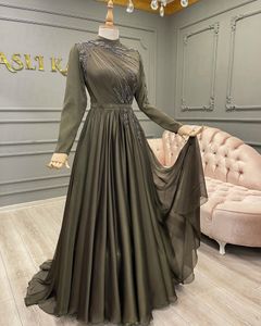 Dusty Green Dubai Arabic Muslim Formal Dress High Neck A-Line Beaded Chiffon Evening Dresses for Women 2022 Abiye Gece Elbisesi