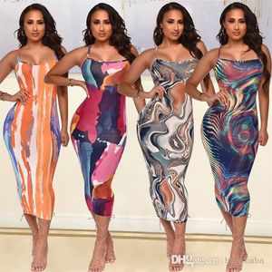 2023 Summer Suspender Dress Tie dye Womens Fashion Sexy Digital Printing Tight Open Back Cashew Flower Printed Buttock Dresses