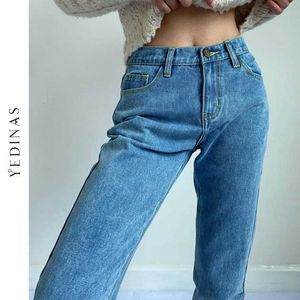 Yedinas vintage mager hög midja blyerts jeans kvinnor smal passande stretch denim byxor Harlan full längd täta byxor 210527