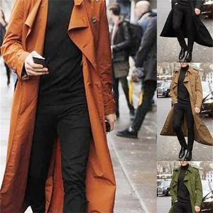 spring autumn men's long windbreaker solid color fashion casual jacket lapel double-breasted male trench coat overcoat 201211