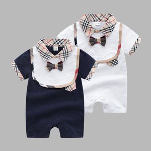 100%cotton top quality 1-2 years baby Rompers boy girl Fashion Newborn luxury short sleeves kids jumpsuit bow tie Bibs 2 piece set