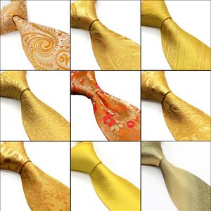 Cały złoto żółte pomarańczowe krawaty krawatów Paisley kwiatowe stałe paski jedwabny żakard tkany zestaw krawatowy kwadrat e