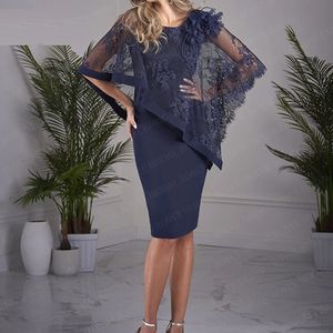 Elegant Navy Blue Mother of the Bride Dresses Lace Cape Mother Dress for Evening Wedding Party