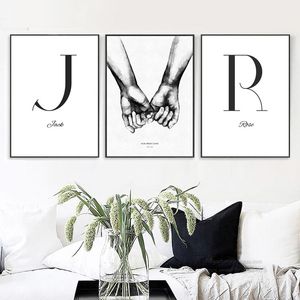 Customized Lover Initial Name Poster Print Holding Hands Wall Art Wedding Gift Canvas Painting Bedroom Decoration 220616