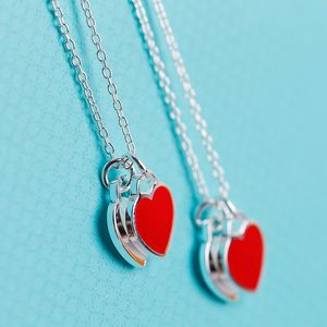 Womens Luxury Necklaces 925 Sterling Silver Double Heart Pandents Red Pink Green T Designer Ladies Fashion Jewelry mother gift Free Shipping